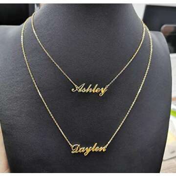 MeMoShe Layered Choker Name Necklace Personalized with Heart, Custom Nameplate Pendant 18K Gold Plated Christmas Gift (18K Gold-2 Names)