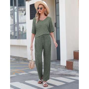 JiniGolla Womens Lounge Set Ribbed Knit Pajama Set Short Sleeve Top and Pants Pj Set Deep Green M
