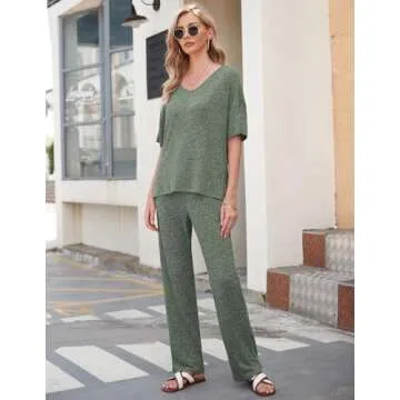 JiniGolla Womens Lounge Set Ribbed Knit Pajama Set Short Sleeve Top and Pants Pj Set Deep Green M