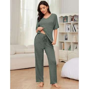 JiniGolla Womens Lounge Set Ribbed Knit Pajama Set Short Sleeve Top and Pants Pj Set Deep Green M