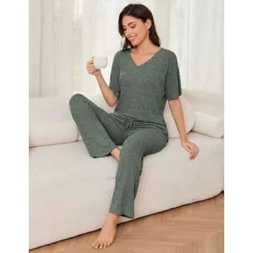 JiniGolla Womens Lounge Set Ribbed Knit Pajama Set Short Sleeve Top and Pants Pj Set Deep Green M