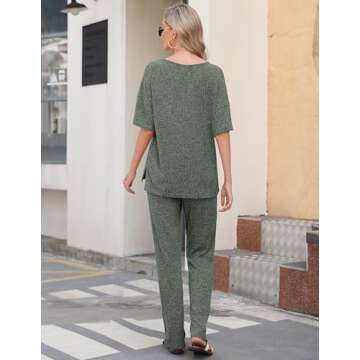 JiniGolla Womens Lounge Set Ribbed Knit Pajama Set Short Sleeve Top and Pants Pj Set Deep Green M