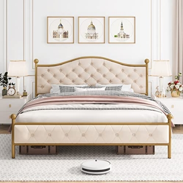 HIFIT Queen Size Platform Bed Frame with Elegant Button Tufted Curved Headboard, Velvet Upholstered ...