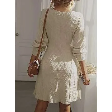 Dokotoo Womens Sweater Dresses Elegant Business Casual Outfits Work Dress Trendy Long Sleeve Dresses V Neck Knit Ribbed A Line Holiday Dresses for Women 2024 Apricot Mini Dress Fashion Clothes M