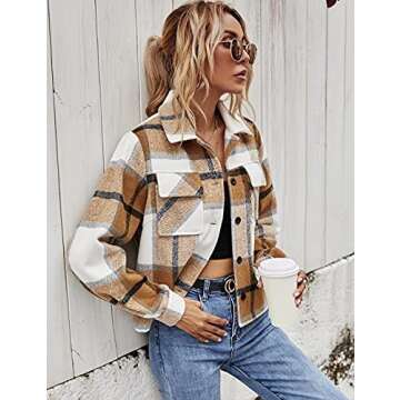 Lentta Women's Cropped Plaid Shacket Jacket Fall Fashion Flannel Wool Blend Shirt Coat(Coffee-S)