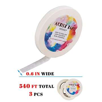 Neeho Artist Tape for Drafting Art, 3 Pack Acid-Free White Masking Tape for Watercolor Painting Canv...