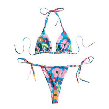 SOLY HUX Women's Floral Print 2 Piece Swimsuits Cute Bikini Set Halter Triangle Sexy Bathing Suit Blue Flower M