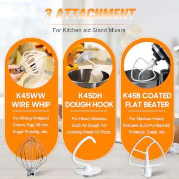 Funmit Mixers Accessories K45WW Wire Whip K45DH Dough Hook K45B Coated Flat Blade Paddle with Scrape...
