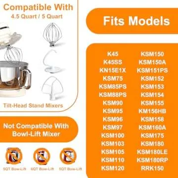 Funmit Mixers Accessories K45WW Wire Whip K45DH Dough Hook K45B Coated Flat Blade Paddle with Scraper Replacement for Kitchen Tilt-Head Aid Stand Mixer Attachments- Stainless Steel
