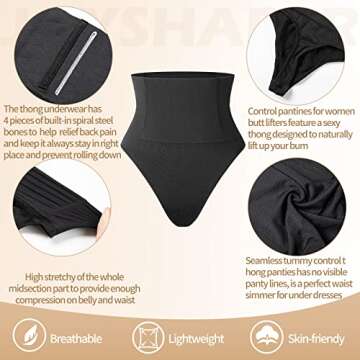 JOYSHAPER Seamless Thong Shapewear for Women High Waisted Panties Underwear Tummy Control Body Shaping Waist Shaper (Black with 4 Bones, Small)