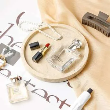 WORHE Natural Marble Vanity Tray for Bathroom Kitchen Dresser, Travertine Stone Decorative Trays for Jewelry, Perfume, Cosmetic, Candle, Round Countertop Storage Organizer for Home Decor Beige (WH019)