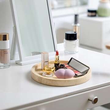 WORHE Natural Marble Vanity Tray for Bathroom Kitchen Dresser, Travertine Stone Decorative Trays for Jewelry, Perfume, Cosmetic, Candle, Round Countertop Storage Organizer for Home Decor Beige (WH019)