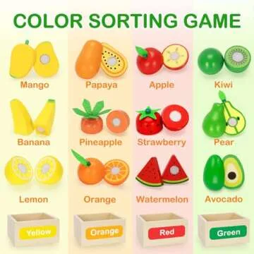 TooyBing Wooden Play Food Toy Set - 30 Pcs Montessori Cutting & Color Sorting Fake Fruit Accessories...