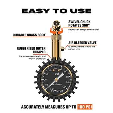 Vondior Tire Pressure Gauge - Heavy Duty with 0-100 PSI Accuracy, Glow Dial