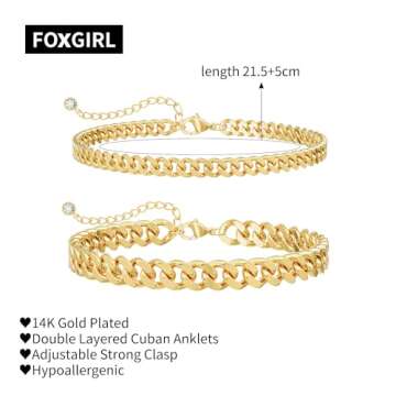 Foxgirl 14K Gold Plated Cuban Link Anklets Set for Women