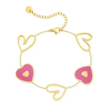 Linawe Gold Heart Bracelet for Women, Love Charm Bracelet, Hot Pink Fuschia Stainless Steel Cute Bra...
