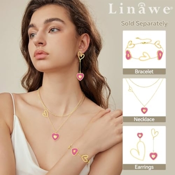 Linawe Gold Heart Bracelet for Women, Love Charm Bracelet, Hot Pink Fuschia Stainless Steel Cute Bracelets, Adjustable Chain Bracelet, Gift for Her Valentines Day Anniversary