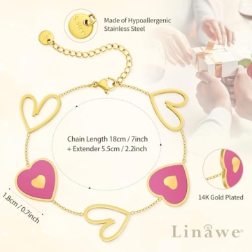 Linawe Gold Heart Bracelet for Women, Love Charm Bracelet, Hot Pink Fuschia Stainless Steel Cute Bracelets, Adjustable Chain Bracelet, Gift for Her Valentines Day Anniversary