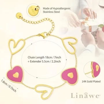 Linawe Gold Heart Bracelet for Women, Love Charm Bracelet, Hot Pink Fuschia Stainless Steel Cute Bracelets, Adjustable Chain Bracelet, Gift for Her Valentines Day Anniversary