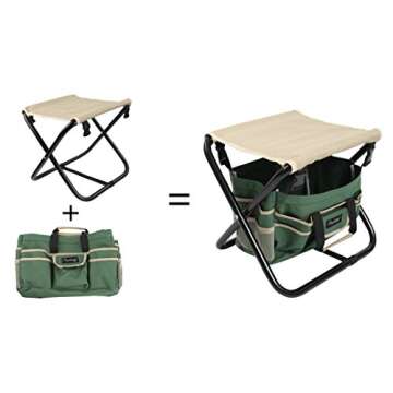 Finnhomy 10 Piece All-in-One Garden Tool Set Garden Folding Stool Seat with 1 Tote Bag, 5 Chrome Steel Garden Tools, 1 Pruning Shears, 1 Foam Kneeling Pad and 1 Pair Working Gloves