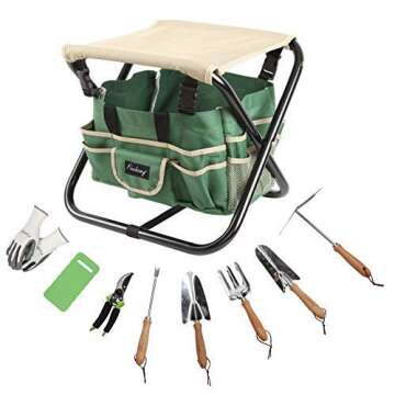 Finnhomy 10 Piece All-in-One Garden Tool Set Garden Folding Stool Seat with 1 Tote Bag, 5 Chrome Steel Garden Tools, 1 Pruning Shears, 1 Foam Kneeling Pad and 1 Pair Working Gloves