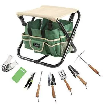Finnhomy 10 Piece All-in-One Garden Tool Set Garden Folding Stool Seat with 1 Tote Bag, 5 Chrome Steel Garden Tools, 1 Pruning Shears, 1 Foam Kneeling Pad and 1 Pair Working Gloves