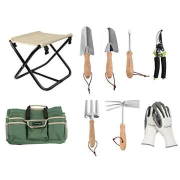Finnhomy 10 Piece All-in-One Garden Tool Set Garden Folding Stool Seat with 1 Tote Bag, 5 Chrome Steel Garden Tools, 1 Pruning Shears, 1 Foam Kneeling Pad and 1 Pair Working Gloves