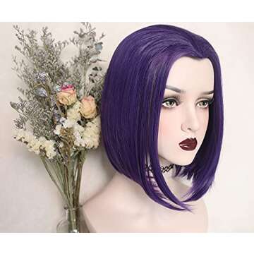 YOGFIT Women's Teen Superhero Purple Short Straight Wig with Widow's Peak Synthetic Cosplay Wig for Halloween Costume Party Anime Wig