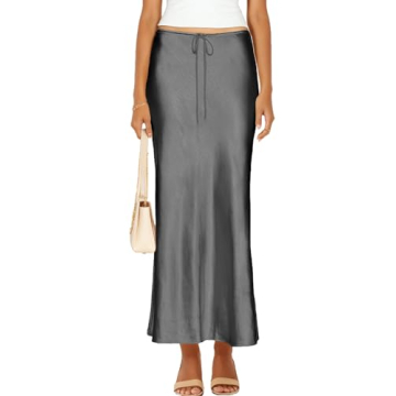 Skrimory Women's Satin Silk Maxi Skirt - Drawstring Flared Long Skirt for Women in Grey
