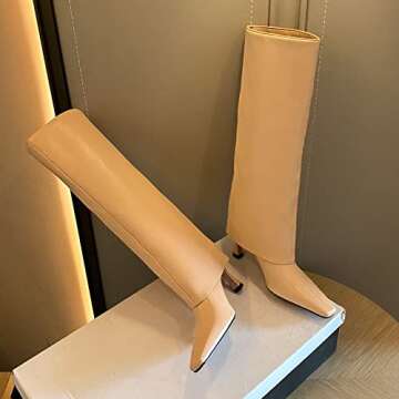 Kluolandi Women's Stiletto High Heel Knee High Boots Pointed Toe Fold Over Boots for Women Knee High Dress Shoes Apricot Size 7