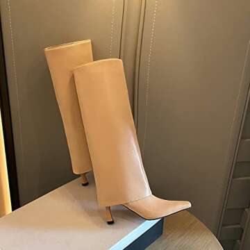 Kluolandi Women's Stiletto High Heel Knee High Boots Pointed Toe Fold Over Boots for Women Knee High Dress Shoes Apricot Size 7