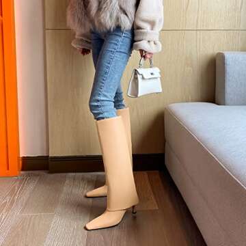 Kluolandi Women's Stiletto High Heel Knee High Boots Pointed Toe Fold Over Boots for Women Knee High Dress Shoes Apricot Size 7