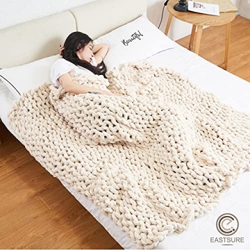 EASTSURE Chunky Knit Blanket Chenille Throw - Warm Soft Cozy for Sofa Bed Boho Home Decor 100% Hand Made Stylish & Cosy Throw Blanket,Beige 40''x40''(Singe Sofa)