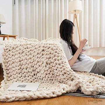 EASTSURE Chunky Knit Blanket Chenille Throw - Warm Soft Cozy for Sofa Bed Boho Home Decor 100% Hand Made Stylish & Cosy Throw Blanket,Beige 40''x40''(Singe Sofa)