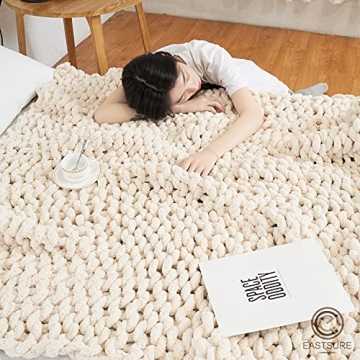 EASTSURE Chunky Knit Blanket Chenille Throw - Warm Soft Cozy for Sofa Bed Boho Home Decor 100% Hand Made Stylish & Cosy Throw Blanket,Beige 40''x40''(Singe Sofa)
