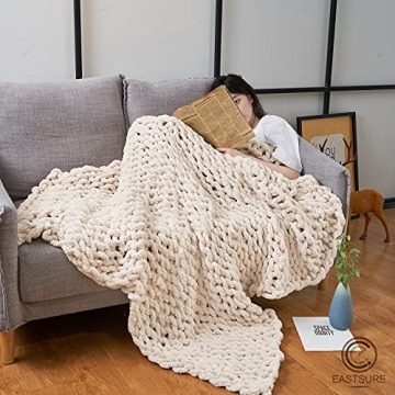 EASTSURE Chunky Knit Blanket Chenille Throw - Warm Soft Cozy for Sofa Bed Boho Home Decor 100% Hand Made Stylish & Cosy Throw Blanket,Beige 40''x40''(Singe Sofa)