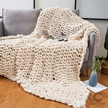 EASTSURE Chunky Knit Blanket Chenille Throw - Warm Soft Cozy for Sofa Bed Boho Home Decor 100% Hand Made Stylish & Cosy Throw Blanket,Beige 40''x40''(Singe Sofa)