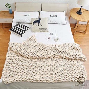 EASTSURE Chunky Knit Blanket Chenille Throw - Warm Soft Cozy for Sofa Bed Boho Home Decor 100% Hand Made Stylish & Cosy Throw Blanket,Beige 40''x40''(Singe Sofa)