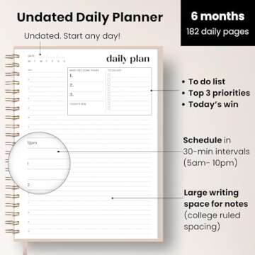 Undated Daily Planner with Hourly Schedule, 8.5" x 11" Large 6-Month Planner for Productivity, Full Page a Day, 2025-2026 Calendar, To Do List, Time Blocking, Beige Aesthetic Hardcover Spiral Notebook