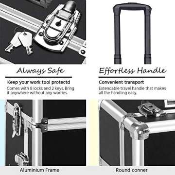 Gotobuy Rolling Makeup Artist Train Case Lockable 3 in 1 Makeup Organizer Makeup Beauty Nail Case Cosmetics Trolley Bag Travel Box Nail Stuff Techinician Black