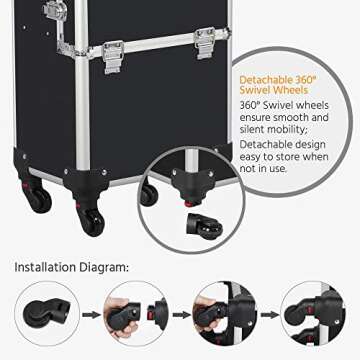 Gotobuy Rolling Makeup Artist Train Case Lockable 3 in 1 Makeup Organizer Makeup Beauty Nail Case Cosmetics Trolley Bag Travel Box Nail Stuff Techinician Black