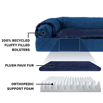 Furhaven Orthopedic Dog Bed for Large/Medium Dogs w/ Removable Bolsters & Washable Cover, For Dogs Up to 55 lbs - Plush & Velvet L Shaped Chaise - Deep Sapphire, Large