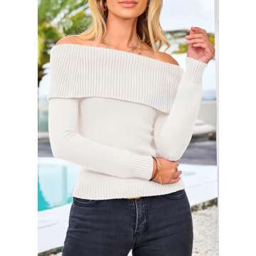 PRETTYGARDEN Women's Fall Off Shoulder Sweaters Y2K Long Sleeve Ribbed Knit Fitted Pullover Winter Date Night Tops Blouse (White,Large)