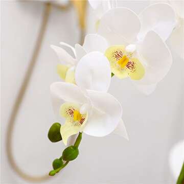 YSZL Artificial Real Touch Phalaenopsis Orchid Flowers Arrangement in Silver Ceramic Pot for Home Decor Centerpieces, White