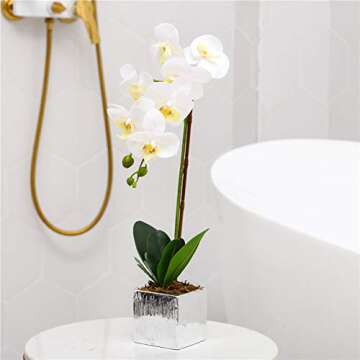 YSZL Artificial Real Touch Phalaenopsis Orchid Flowers Arrangement in Silver Ceramic Pot for Home Decor Centerpieces, White