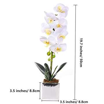 YSZL Artificial Real Touch Phalaenopsis Orchid Flowers Arrangement in Silver Ceramic Pot for Home Decor Centerpieces, White