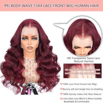Ding Dian 99j Burgundy Lace Front Wigs Human Hair 28 Inch 13x4 Body Wave Lace Front Wigs Human Hair Glueless Pre Plucked Pre Cut Red 180 Density for Women