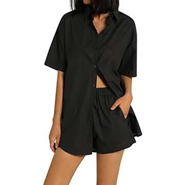 Honganda Summer Women's Casual Two Pieces Tracksuit Half Sleeve Button-Down Shirt High Waisted Shorts Set (Black, Small)