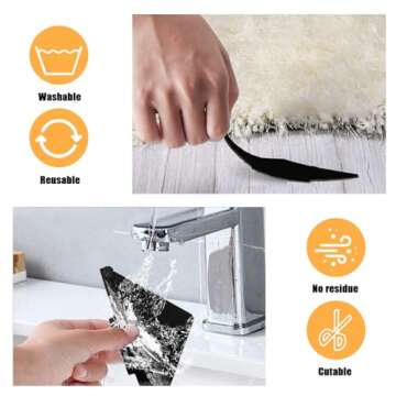 Sahhika Rug Tape, 10 Pcs Double Sided Non Slip Reusable Rug Stopper, Washable Rug Pad Grippers for Hardwood Floors, Tile Floors, Carpets, Floor Mats, Wall (Black)