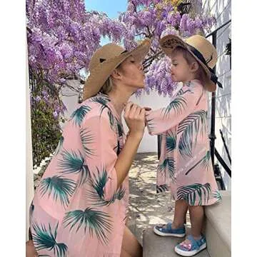 IFFEI Women's Swimsuit Cover up Leaves Printed Chiffon Kimono Cardigan Mommy and Me Matching Summer Beachwear Women M Pink
